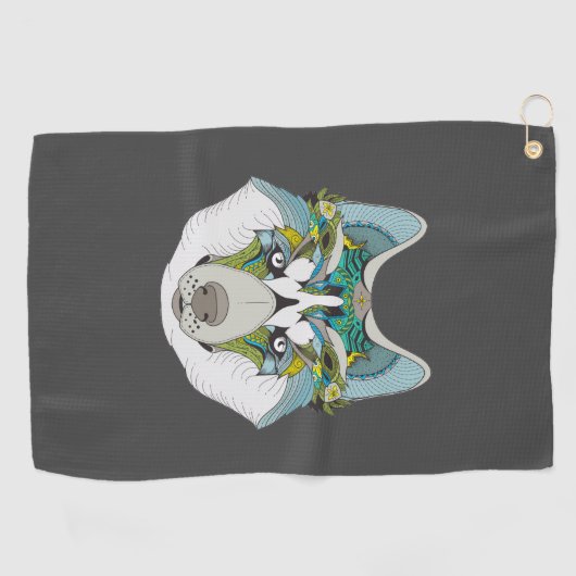 Wolf husky brak groen blauw golfhanddoek (Horizontaal)