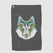 Wolf husky brak groen blauw golfhanddoek (Voorkant)
