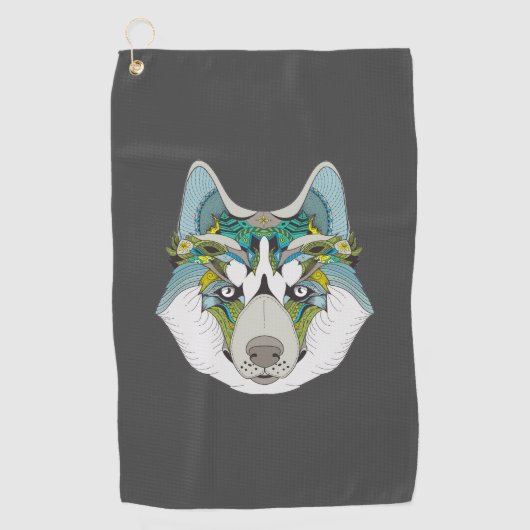 Wolf husky brak groen blauw golfhanddoek (Voorkant)