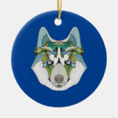 Wolf husky brak groen blauw keramisch ornament (Voorkant)
