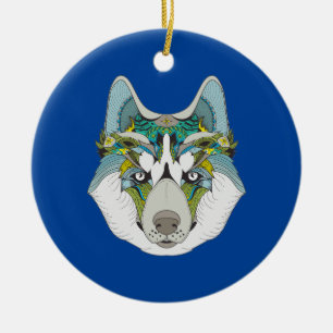 Wolf husky brak groen blauw keramisch ornament