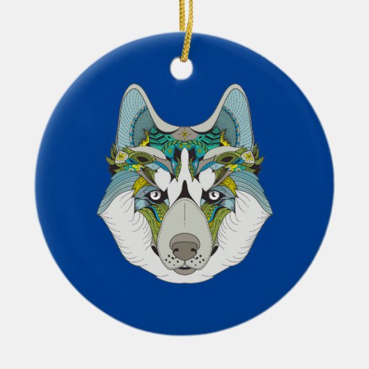 Wolf husky brak groen blauw keramisch ornament (Voorkant)