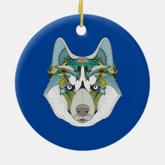 Wolf husky brak groen blauw keramisch ornament (Achterkant)