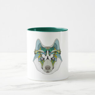 Wolf husky brak groen blauw mok