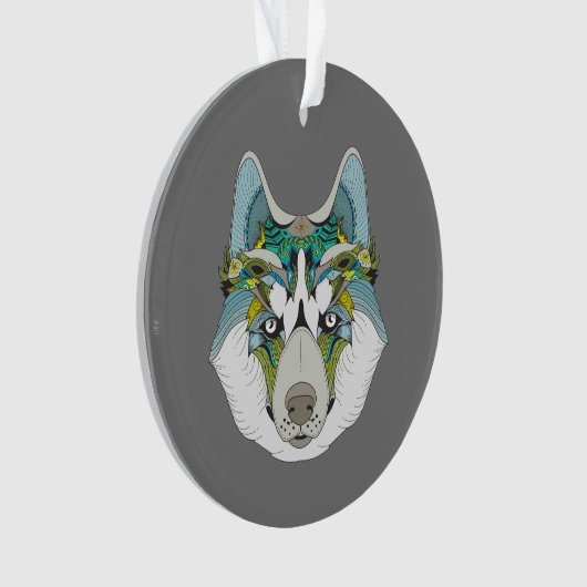 Wolf husky brak groen blauw ornament (voorkant)