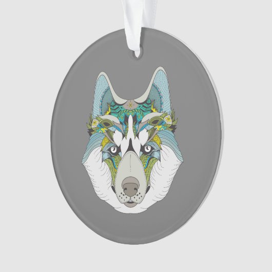 Wolf husky brak groen blauw ornament (voorkant)