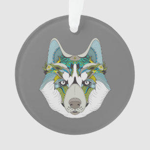 Wolf husky brak groen blauw ornament