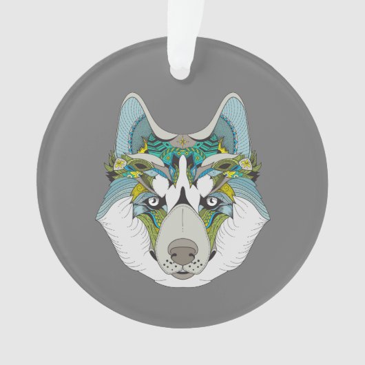 Wolf husky brak groen blauw ornament (voorkant)
