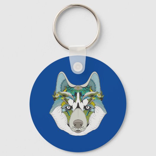 Wolf husky brak groen blauw sleutelhanger (Voorkant)