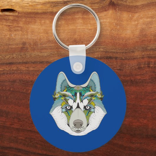 Wolf husky brak groen blauw sleutelhanger (Voorkant)