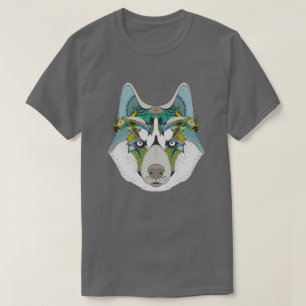 Wolf husky brak groen blauw t-shirt