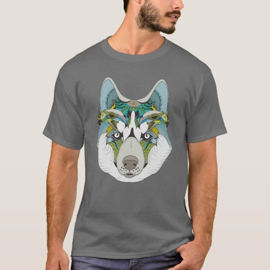 Wolf husky brak groen blauw t-shirt (Voorkant)