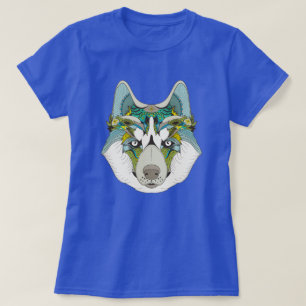 Wolf husky brak groen blauw t-shirt