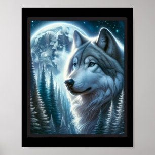 Wolf Icy Moon Galaxy Jacht op Grijze Wolven Voor Poster