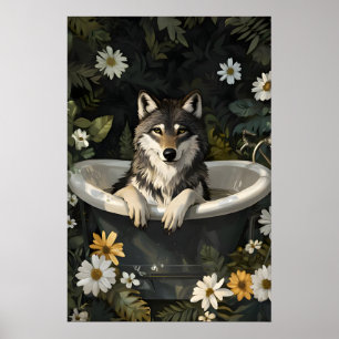 Wolf In Badposter, Grappige Dierenposter, Wolf Poster