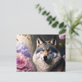 wolf in bloemen briefkaart (Staand voorkant)