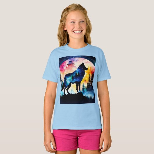 Wolf in de bossen waterverf t-shirt (Voorkant volledig)