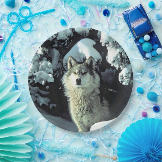 Wolf in de sneeuw papieren bordje (Feest)