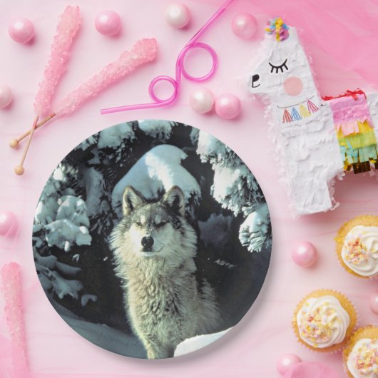 Wolf in de sneeuw papieren bordje (Feest)