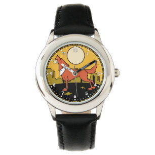 Wolf in de woestijn die naar de maan gaat horloge