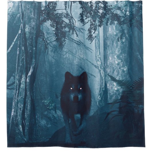 Wolf in donker bos. douchegordijn (Voorkant)