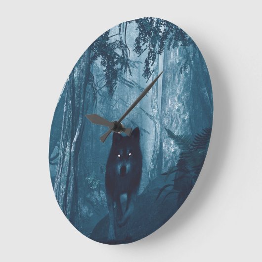 Wolf in donker bos. grote klok (Hoek)