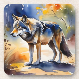 Wolf in een bos waterverf schilderij bier onderzetter