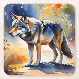 Wolf in een bos waterverf schilderij kartonnen onderzetters