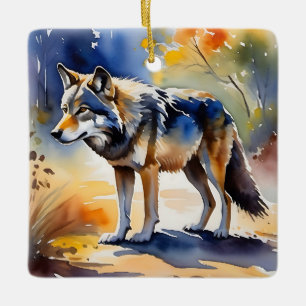 Wolf in een bos waterverf schilderij keramisch ornament