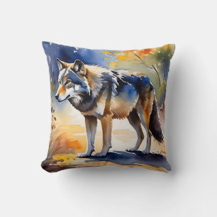 Wolf in een bos waterverf schilderij kussen