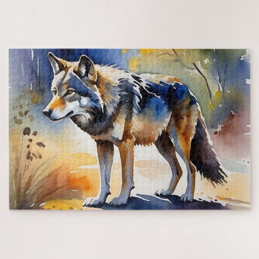 Wolf in een bos waterverf schilderij legpuzzel (Horizontaal)