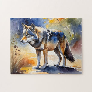 Wolf in een bos waterverf schilderij legpuzzel
