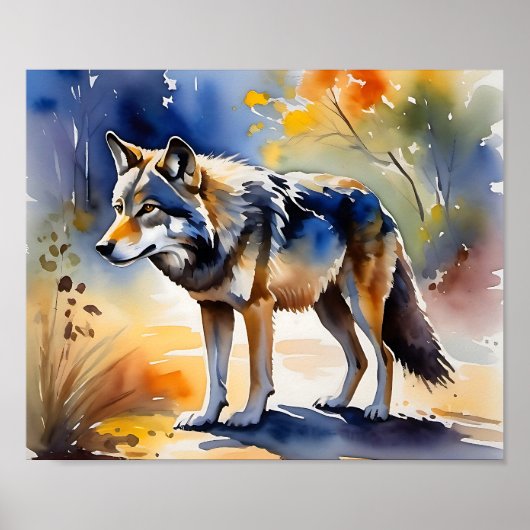 Wolf in een bos waterverf schilderij poster (Voorkant)