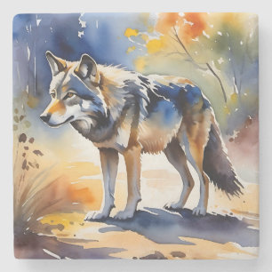 Wolf in een bos waterverf schilderij stenen onderzetter