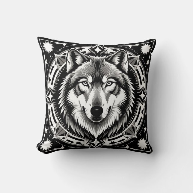 Wolf in een geometrische en decoratieve mandala kussen (Voorkant)