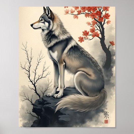 Wolf in een Japanse tuin Poster (Voorkant)