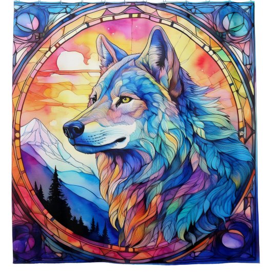 Wolf in Glas-in-lood Douchegordijn (Voorkant)