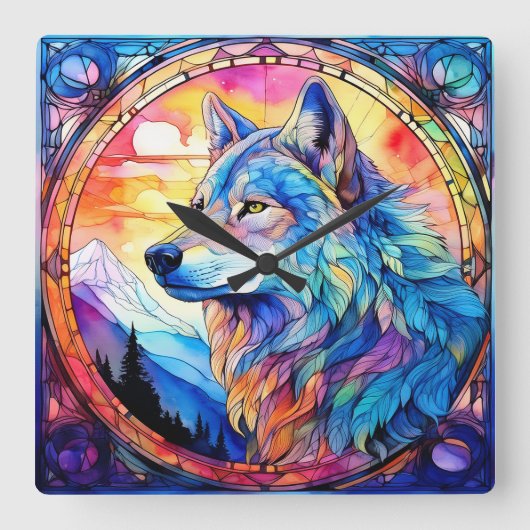 Wolf in Glas-in-lood  Vierkante Klok (Voorkant)
