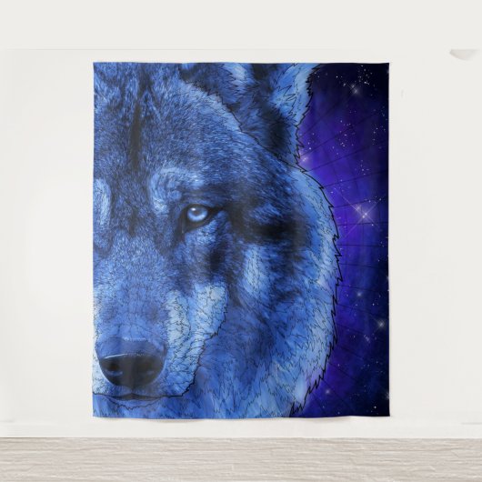 wolf in heldere blauwe nacht wandkleed (Voorkant)