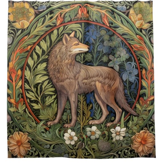 Wolf in het bos art nouveau douchegordijn (Voorkant)