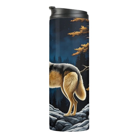 Wolf in het bos met Gele Maan Thermosbeker (Geroteerd rechts)