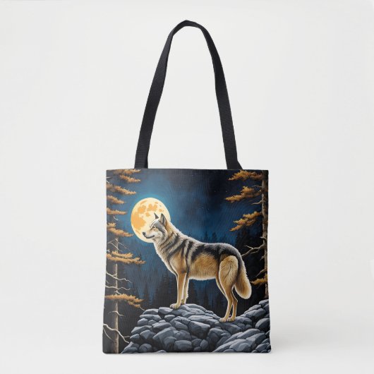 Wolf in het bos met Gele Maan Tote Bag (Voorkant)