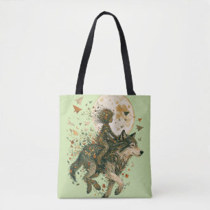 Wolf in het maanverlichte bos tote bag