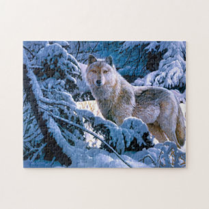 Wolf in het winterbosschilderij legpuzzel