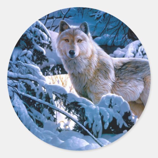 Wolf in het winterbosschilderij ronde sticker (Voorkant)