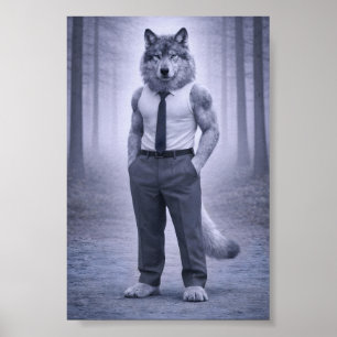 Wolf in minimale formele kledij – Stille bospoort Poster