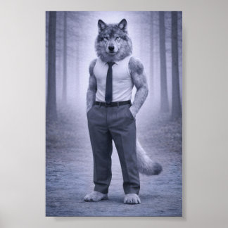Wolf in minimale formele kledij – Stille bospoort Poster