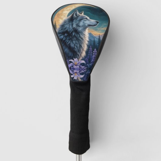 Wolf in Moonlight - paarse bloemen reflectie Golfheadcover (Voorkant)