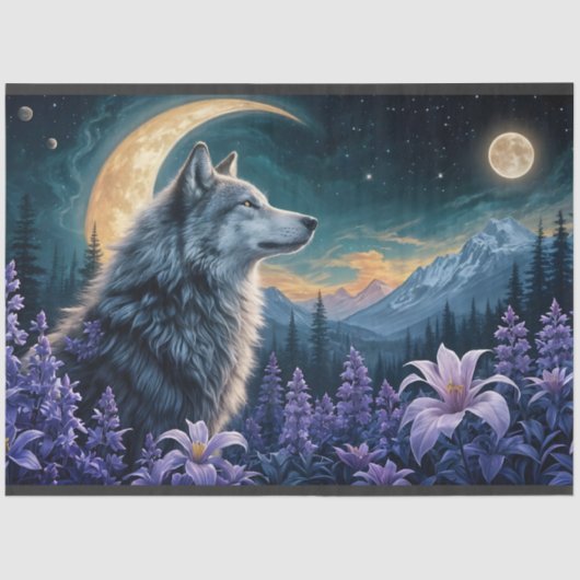 Wolf in Moonlight - paarse bloemen reflectie Tissuepapier (Voorkant)
