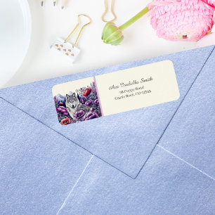 Wolf in Poppy Field Folk Art Retouradres Etiket